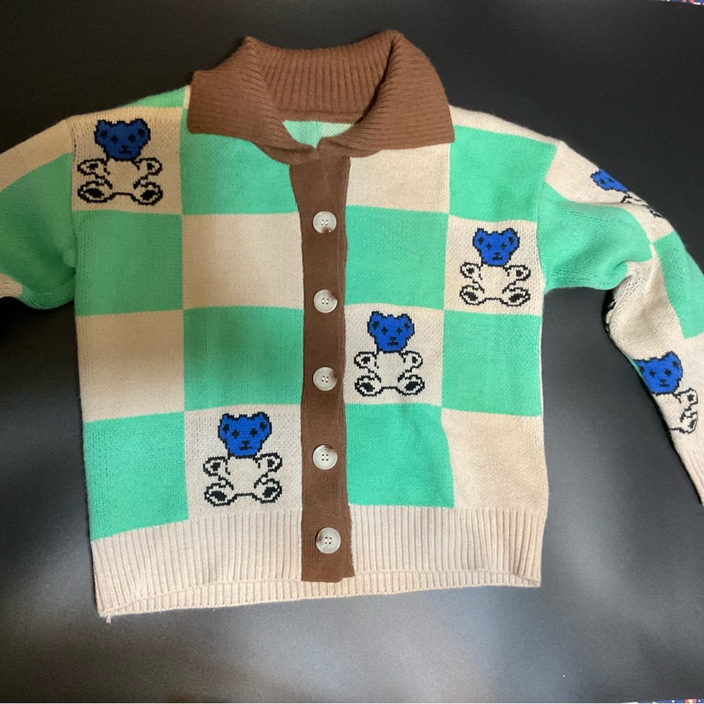 Checkered Cardigan with Bear Design, green and beige with blue bears